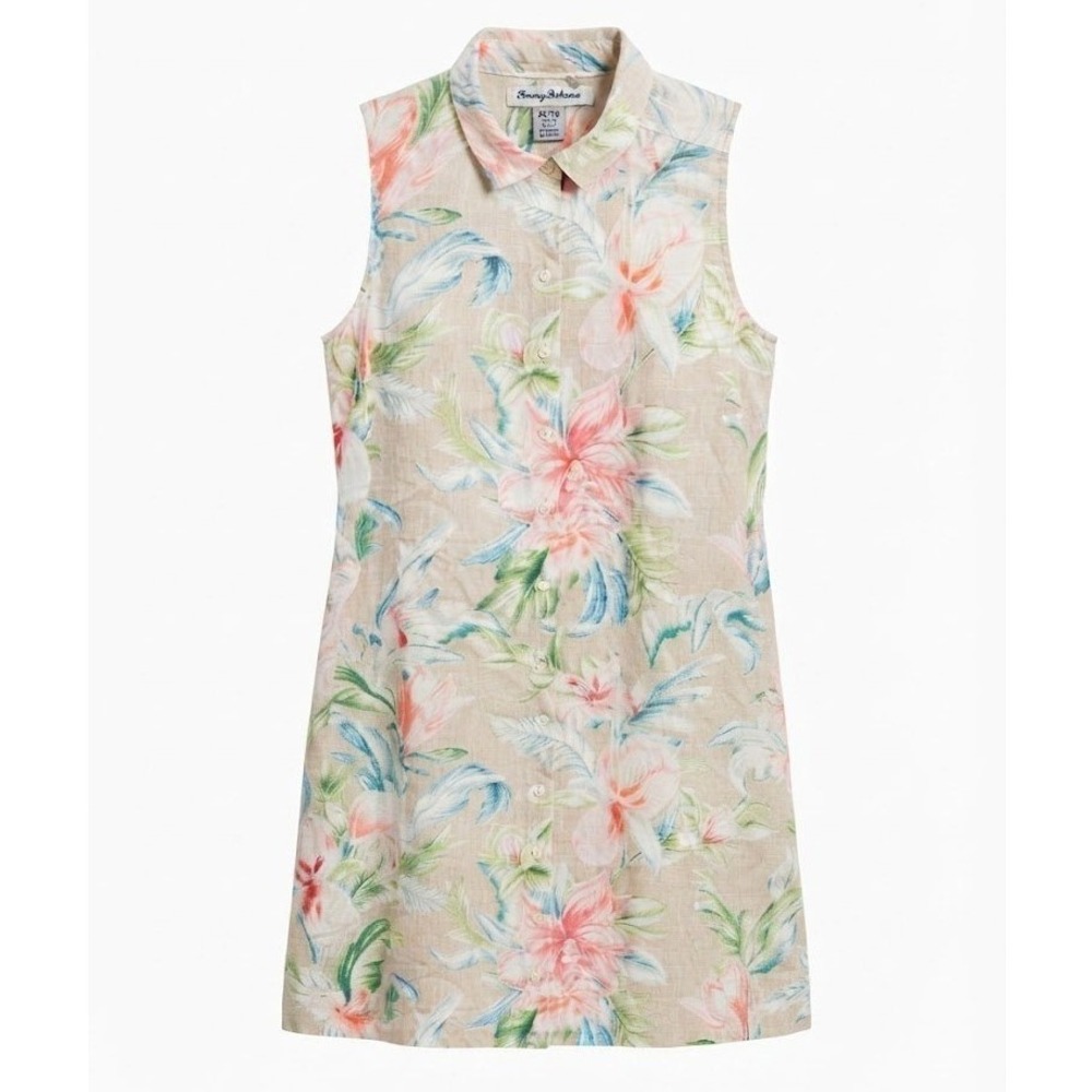 Tommy Bahama Womens XL Beige Floral 100% Linen Sleeveless Shirt Dress - CJ